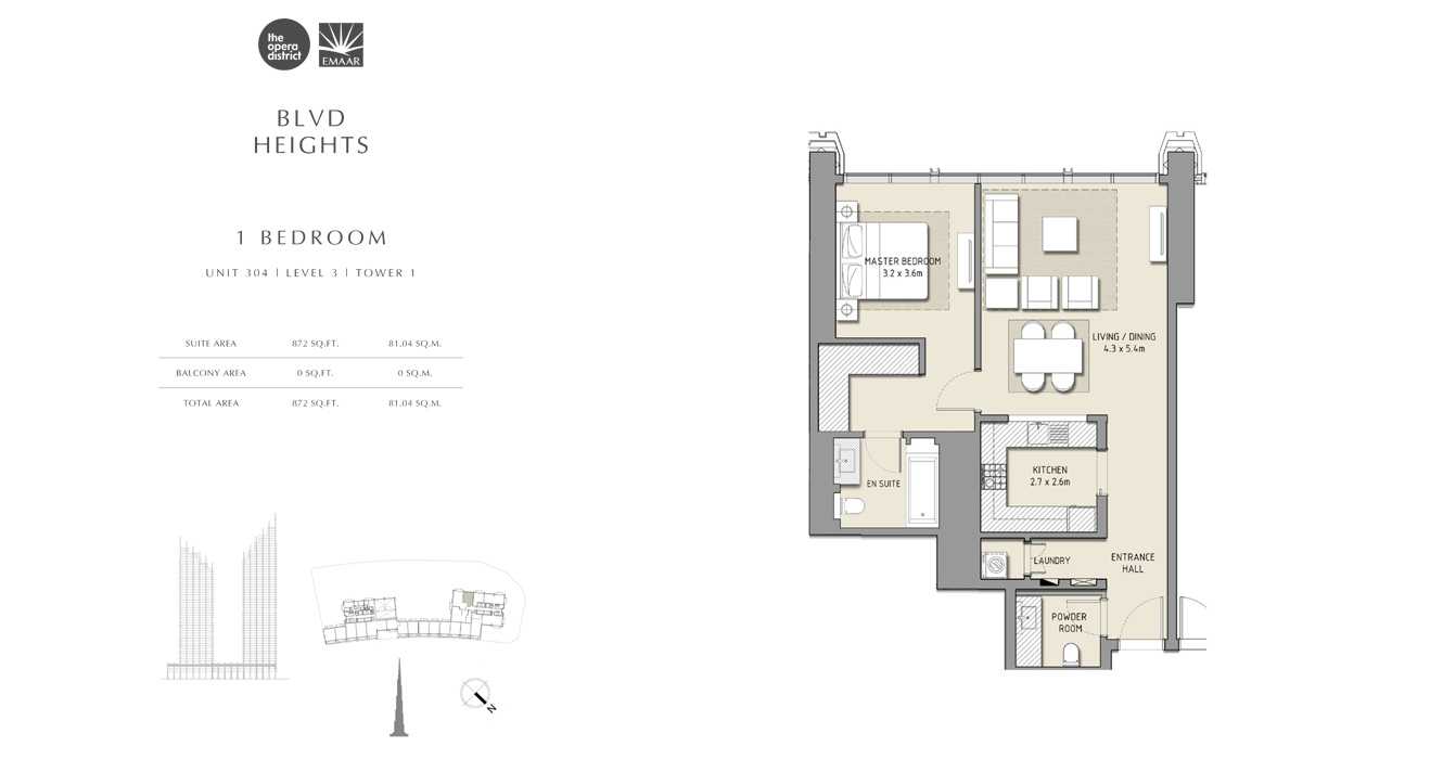 1 Bedroom Unit 304, Size 872 sq ft